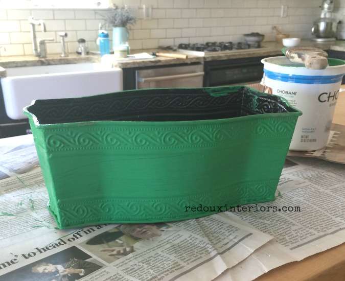 Metal container turned flower vase painted cece green redouxinteriors 1