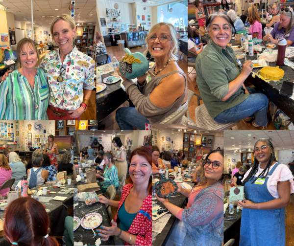 Collage of women creating at the Girl on Fire Retreat hosted by Karen Berg of Redoux Interiors with DIY Paint and Iron Orchid Designs (IOD) — artists painting, connecting, and sharing creativity in a joyful community setting.